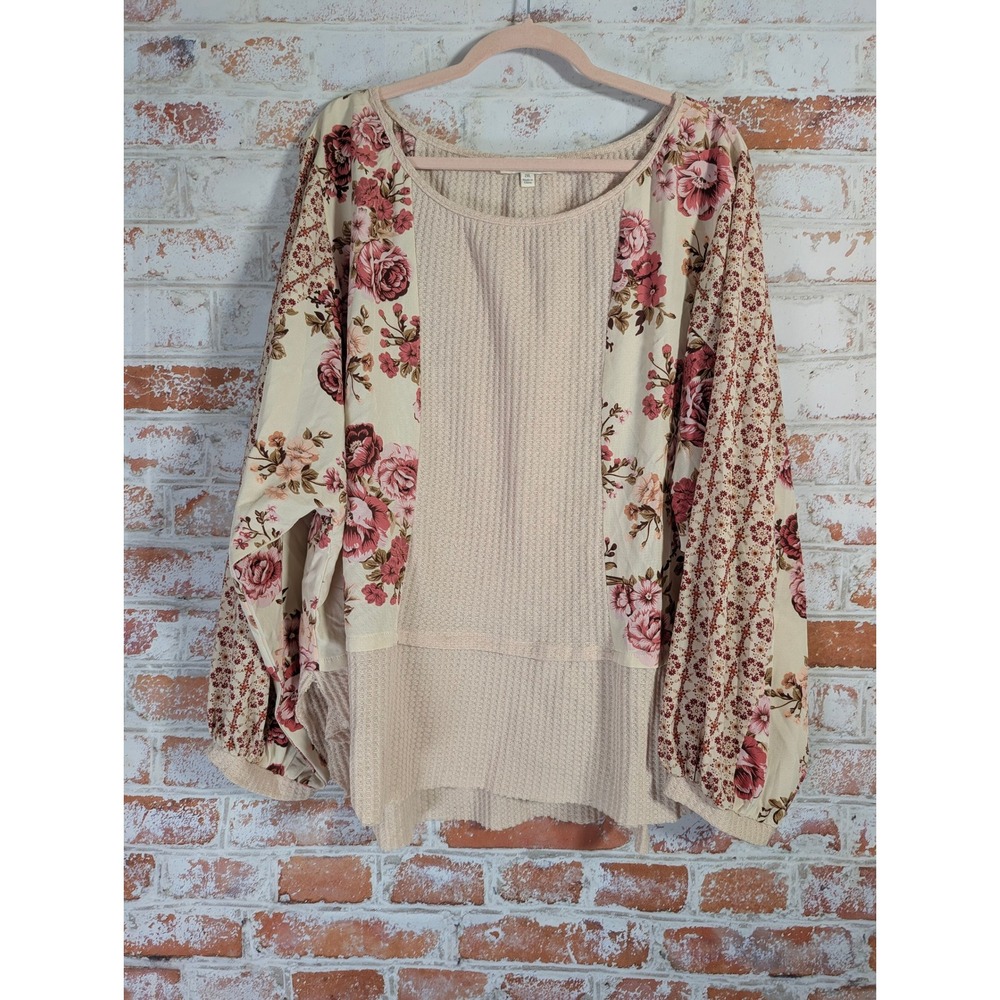 Umgee Floral Mixed Media Top Womens 2XL Beige Waffle Knit Boho Blouse WA5805